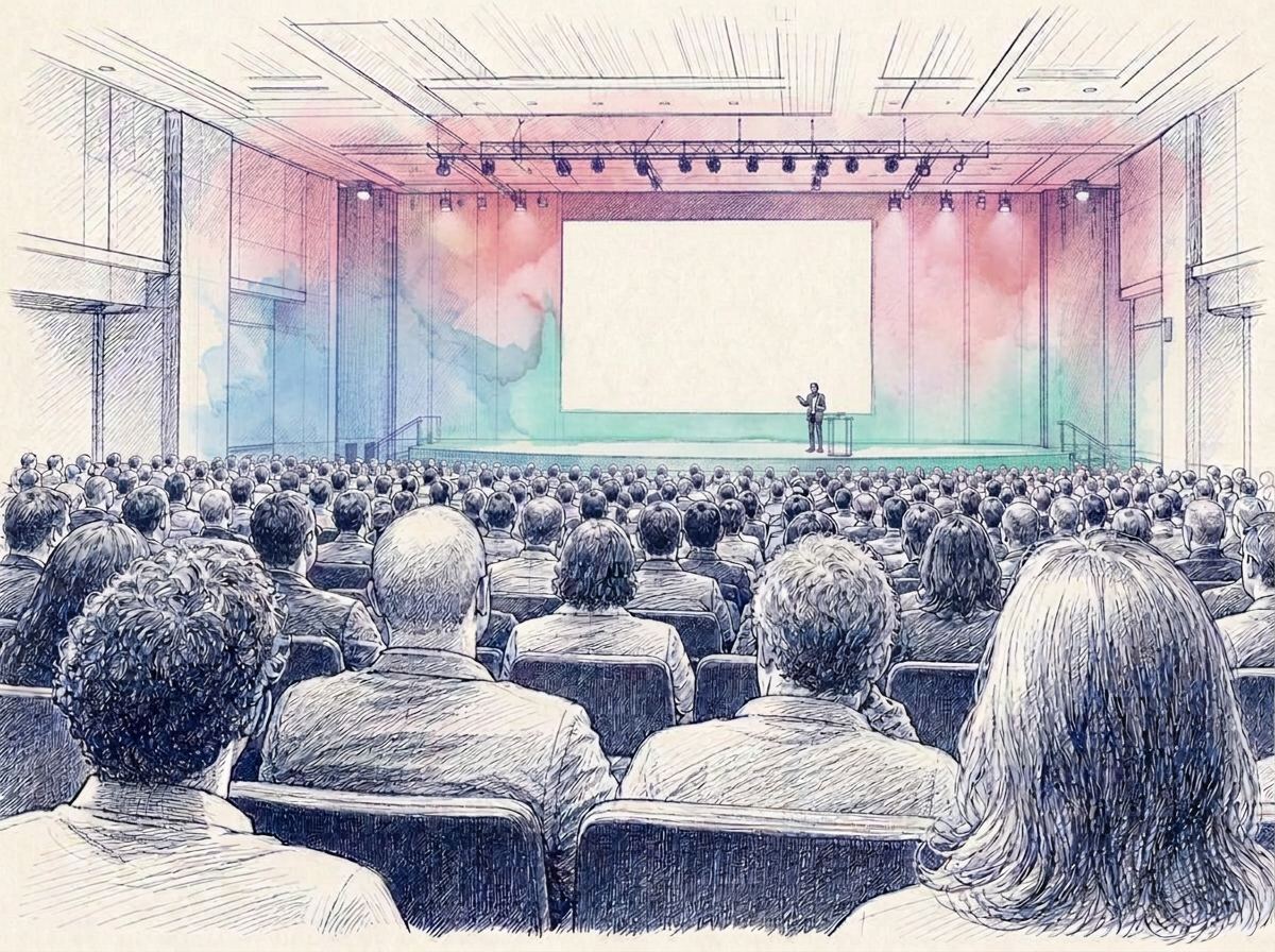 Illustration of a full auditorium seen from the back rows during a talk