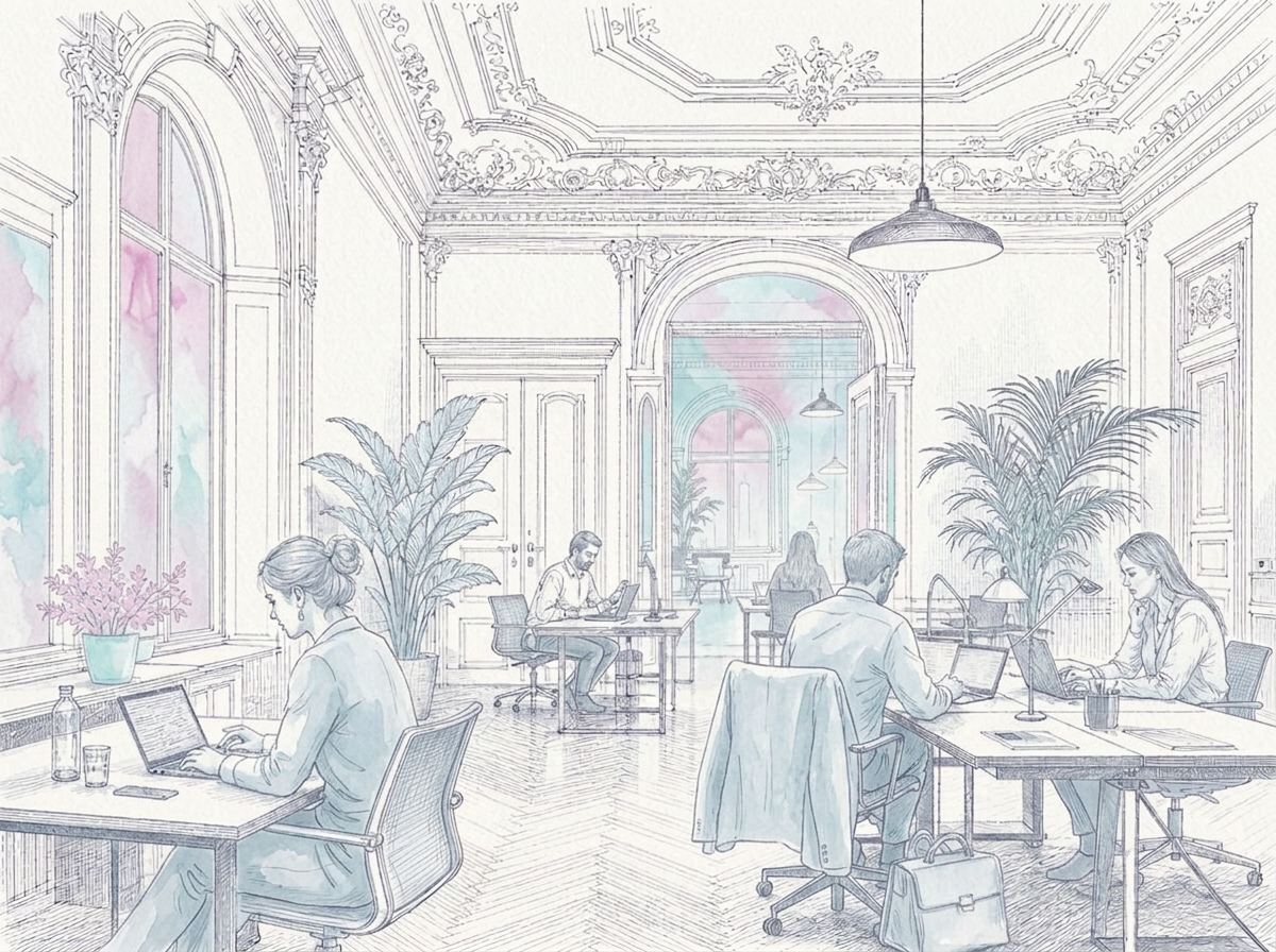 Illustration of a city loft meeting room with a long table and rooftop view