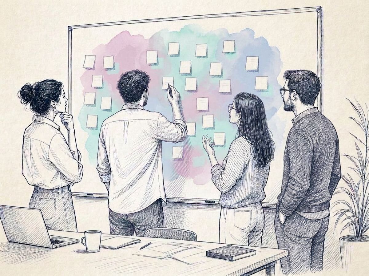 Illustration of a small team working around a whiteboard covered in sticky notes